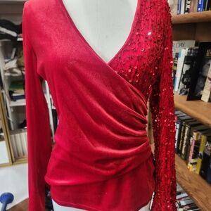 Vibrant Red Sequin Wrap Blouse